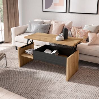 Mesa de centro elevable efecto madera roble y negro 110x50x45cm