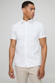 Camisa Ajustada Básica De Manga Corta Con Cuello, Blanco