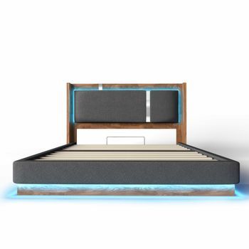 Cama Doble Tapizada 180x200 - Con Somier, Led Y Canapé Hidráulico - Gris Y Nogal