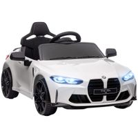 aiyaplay coche de bateria para ninos 12v bmw m4 con mando a distancia faros bocina musica velocidad 3-5 kmh blanco