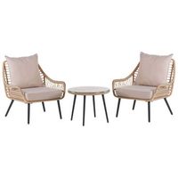 conjunto de balcon mesa de centro ratan sintetico patas de metal 2 sillas cojines beige boho laureto