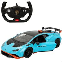 rastar - coche teledirigido lamborghini huracan sto escala 114 6 funciones frecuencia 24 ghz azul con luces led puertas que se abren para ninos y para adultos juguetes para ninos coche