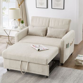 Sofá Cama De Dos Plazas Beige, Extensible, Respaldo Reclinable En Tres Posiciones