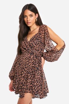 Vestido Skater Cruzado De Chifón Con Mangas Abullonadas Y Encaje En La Espalda Con Estampado De Leopardo, Brown