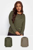 yours juego 2 camisetas manga larga algodon rayas caqui y rayas beige mujer curvy y tallas grandes yours