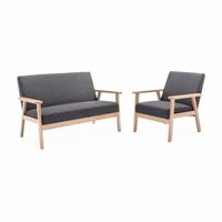 banco y sillon de madera y tela 3 plazas gris oscuro