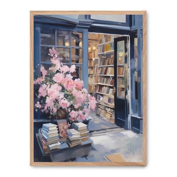 Cuadro libreria azul, marco premium chapado en roble, 50x70 cm