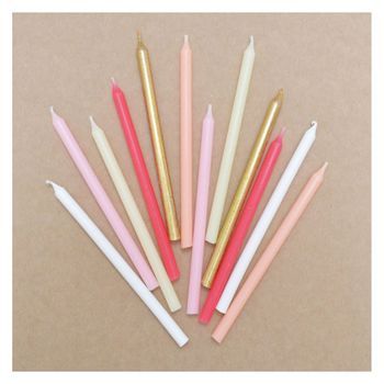 12 Velas Largas Rosadas Y Doradas - 12 Cm