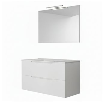 Kibath Mueble De Baño Con Lavabo, Espejo Y Aplique Led Victoria 100x45 Cm Acabado Blanco Mate 2 Cajones Suspendido