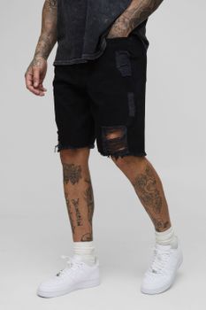 Pantalón Corto Tall Vaquero Holgado Roto Con Refuerzos, Negro