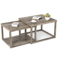 costway juego de 2 mesas de centro anidadas mesas auxiliares rectangulares apilables con estante de almacenamiento estructura de madera de gris