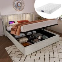 cama contenedor 140 x 200 cm - lampara de lectura y usb - tela de lino - color natural  colchon