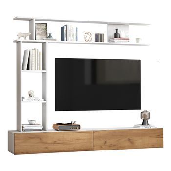 Conjunto De Mueble De Tv De Pared - Con Vitrinas - Mueble De Salón Con Tv - Tv 80 Pulgadas - Blanco + Madera