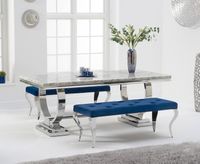 haven 180cm grey marble table with blue velvet fitzrovia bench