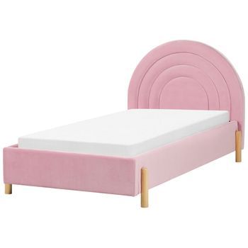 Cama Con Somier Cabecero Semicircular Tamaño Individual 90 X 200 Cm Tapizado Terciopelo Retro Patas Madera Rosa Anet