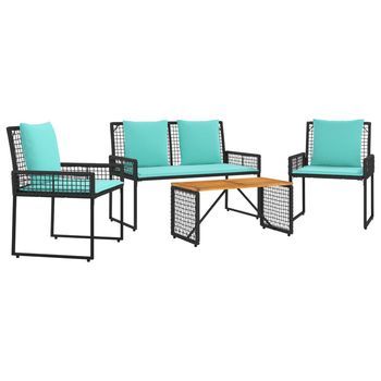Juego De Muebles De Exterior Con Cojín 4 Piezas | Mobiliario De Jardín Negro Y Turquesa