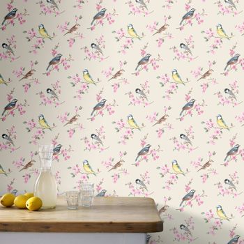 Papel pintado pájaros en ramas rosa topo 1005x52cm