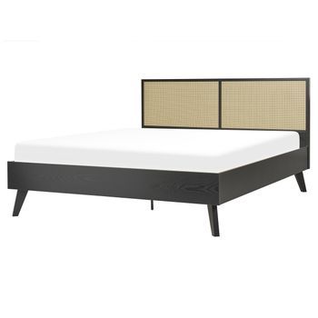 Cama Con Somier Negro Madera Clara 160 X 200 Cm Cabecero Monpazier