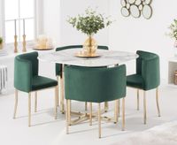 algarve white marble gold leg stowaway dining table with green velvet gold leg high back stools - green 4 chairs