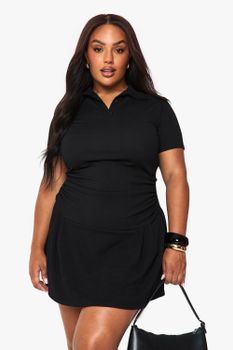 Vestido Camiseta Plus Mini Con Cuello Y Botones, Negro