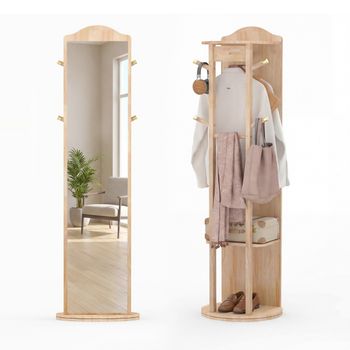 Costway Espejo Giratorio 3 en 1 con Perchero Estantes y Ganchos Organizador para Dormitorio 48 x 168 cm Natural