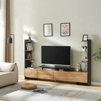 Mesa De Tv Rauki Con Estantes Laterales 233x31x141 Cm - Negro / Efecto Mango [en.casa]
