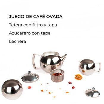 Juego De Té De Acero Inoxidable (3 Piezas) Ovada, 1 Tetera, 1 Cremera, 1 Azucarero, 1 Filtro De Té Extraíble, Diseño Moderno