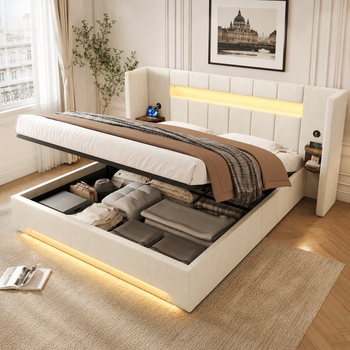 Cama Doble De Terciopelo Con Cofre Hidráulico Y Amplia Cabecera, 2 Puertos Usb, Iluminación Led, Armario Retro, 160x200 Cm