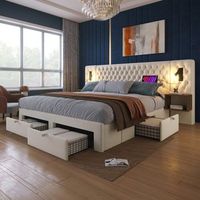 cama doble 160x200 cm de terciopelo beige con 2 mesitas 4 cajones y luces