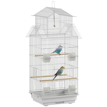 PawHut Jaula para Pájaros de Acero con Comederos Perchas Columpio y Bandeja Extraíble 50,5x41x104 cm Blanco