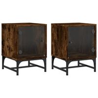 pack 2 uds mesitas noche  mesa auxiliar  mesilla puertas de vidrio roble ahumado 35x37x50 cm