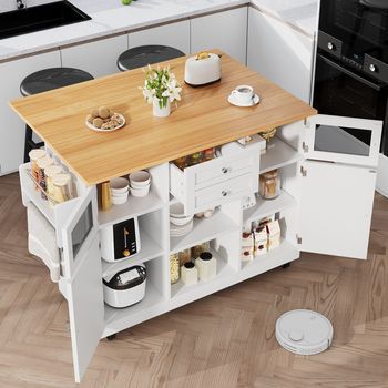 Isla De Cocina, Carrito De Comedor, Vetas De Madera, Puertas De Armario 3d, Tabiques Ajustables, Blanco