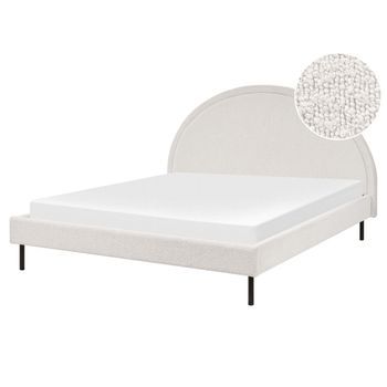 Cama Minimalista Bouclé Tapicería Poliéster Somier Cabecero Semicircular 160 X 200 Cm Blanco Margut