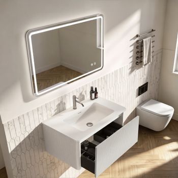Mueble De Baño Suspendido De 80 Cm Con Lavabo Integrado Y Espejo Led