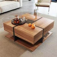 mesa de centro cuadrada con 4 cajones estante inferior y diseno de lineas