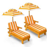 costway juego de 2 sillas longue de madera infantil con sombrilla desmontable y regulable en altura cojin para patio 3-8 anos rayas amarillas