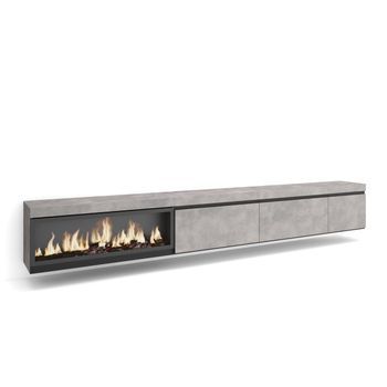 Mueble Tv, Televisión, Muebles De Salón, Almacenaje, 317x45x35 Cm, Chimenea Eléctrica Xxl, Colgado, Suspendido, Estilo Moderno, Cemento