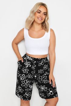 Yours Bermudas Negras De Flores Con Cintura Elástica, Mujer Curvy Y Tallas Grandes, Yours
