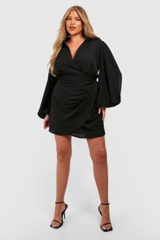 Vestido Plus Cruzado Con Mangas De Blusón, Negro