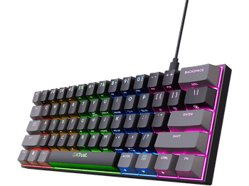 Teclado gaming - Trust GXT 867 Acira, 60% más compacto, Con cable, 61 teclas, Iluminación RGB, Negro