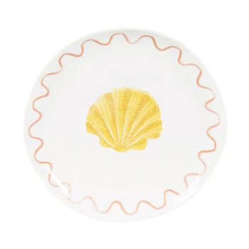 Plato postre de cerámica blanca con concha amarilla