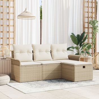 Conjunto De Sofá De Jardín De 4 Piezas Con Cojines Beige Ratán Polímero V0530 Unico / Beige