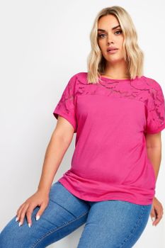 Yours Camiseta Algodón Fucsia Con Panel De Malla Floral, Mujer Curvy Y Tallas Grandes, Yours