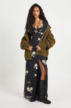 Vestido Maxi Escotado De Chifón Con Estampado De Flores, Negro