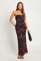 vestido maxi palabra de honor de malla con estampado de flores negro