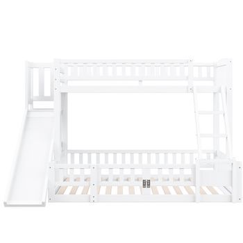 Cama Litera 90x200 Cm Y 140x200 Cm - Barandilla, Madera De Pino, Tobogán, Escaleras, En747, Múltiples Estantes, Puerta Pequeña Extensible - Blanco
