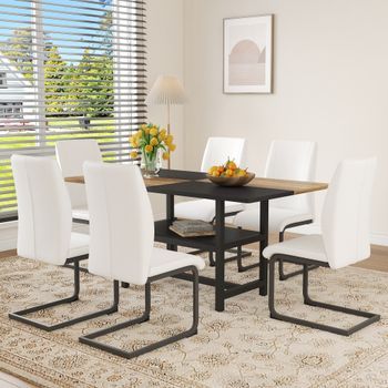 Conjunto De Mesa Y 6 Sillas - Comedor - Mdf Y Metal - Blanco Y Madera (160x90x76cm)