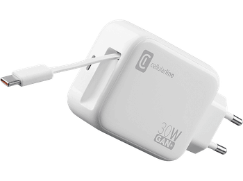 Cargador móvil - CellularLine Roll GaN+, 30 W, Cable retráctil, USB C, Universal, Blanco