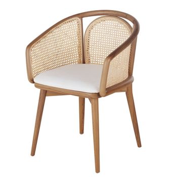 Silla de comedor de haya, rejilla de mimbre y tela cruda