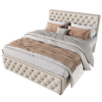 Cama Tapizada De 180 X 200 Cm Con 4 Cajones Y Cabecero Regulable - Tela De Lino - Color Beige